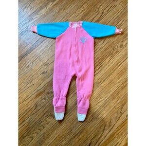 VTG First Moments Pink Baby Romper Size 3M Blue Floral Fleece Fuzzy Soft 90s Zip